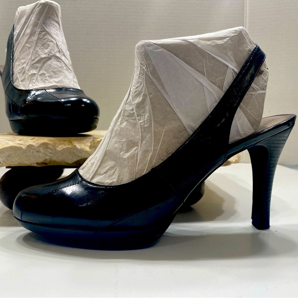 Moda Black Leather Round Closed Toe Platform Slingback Heels Sz 9 M